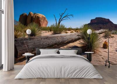 A lengthy dark timber on sandy shore alongside several typical varieties of prickly plants in arid terrain and two massive boulders in the background Wall mural