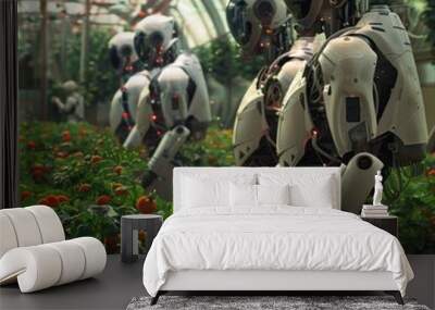 A line of robots work in a greenhouse, tending to a crop of tomatoes. Wall mural