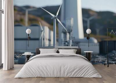 A miniature wind turbine farm stands on a bed of rocks, showcasing a small-scale model of a renewable energy source. Wall mural