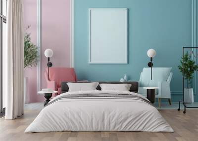 A minimalist living room with pink and blue accents. Two armchairs and a coffee table sit in front of a large picture frame. The room is light and airy with a modern feel. Wall mural