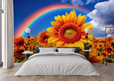 a rainbow over a sunflower field Wall mural