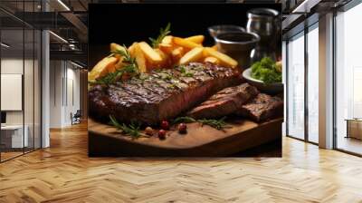 a steak and french fries on a wooden board Wall mural