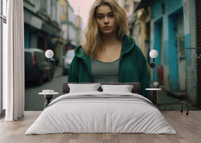 a woman in a green jacket Wall mural