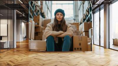 A young woman in casual attire sits amidst stacks of cardboard boxes in a warehouse, highlighting logistics, storage, and supply chain management. Wall mural