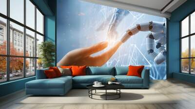 AI, Machine learning, Hands of robot and human touching on big data network connection, Data exchange, deep learning, Science and artificial intelligence technology, innovation of future Wall mural