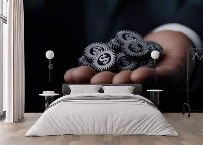 Analyzing Financial Systems: Businessman Examining Gears with Dollar Signs Wall mural