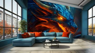 Anime dragon portrait with rage in the eyes, oil painting, fire in the eye, orange blue theme.
Generative AI.  Wall mural