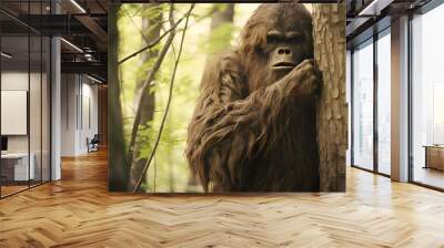 bigfoot hiding behind a tree in the forest Wall mural