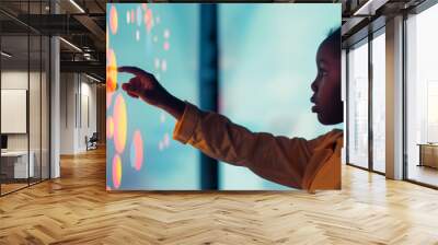 black child using artificial intelligence on virtual screen with a simple minimalist colourful UI for communicating with friends online - future social media concept Wall mural