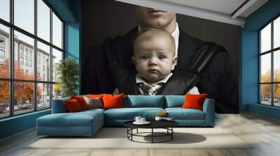 Businessman with baby in harness wearing business suit studio shot Wall mural