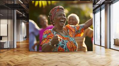 Candid capture of a joyful group of black seniors showing vitality while dancing, highlights companionship and active lifestyle in retirement, reflecting the spirit of elderly Wall mural