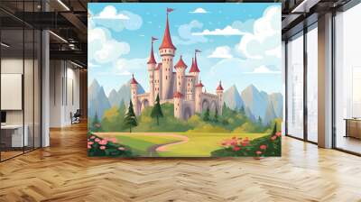 cartoon landscape illustration of fairy tale castle on hill Wall mural