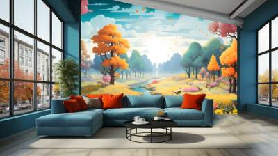 cartoon style colourful painting of the woodland landscape, a picturesque forest environment in bright colours Wall mural