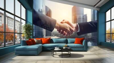 close-up of Businessmen making handshake with buildings in the city as background, business etiquette, congratulation, merger and acquisition, business meeting and partnership concepts Wall mural