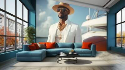 close up portrait of a stylish modern black man wearing elegant high fashion clothes on luxury yacht Wall mural