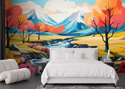 colourful cartoon style painting of the river landscape, a picturesque natural environment in bright colours Wall mural