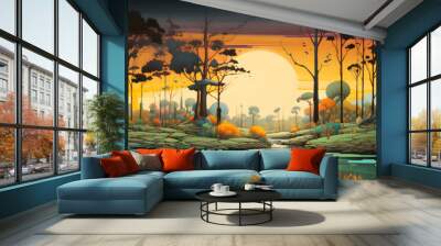 colourful cartoon style painting of the swamp landscape, a picturesque natural environment in bright colours Wall mural