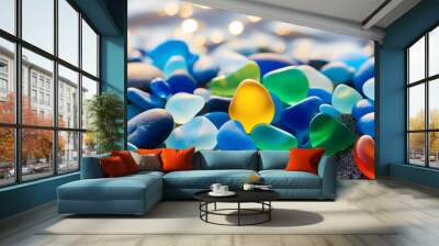 Colourful glass pebbles on a beach. Polished textured sea glass and stones on the seashore. Green, blue shiny glass with multi-coloured sea pebbles close-up. Beach summer background Wall mural