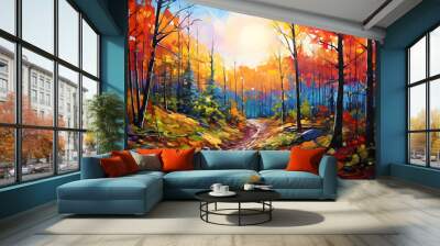 colourful impressionist painting of the forest landscape, a picturesque natural environment in bright harmonious colours Wall mural