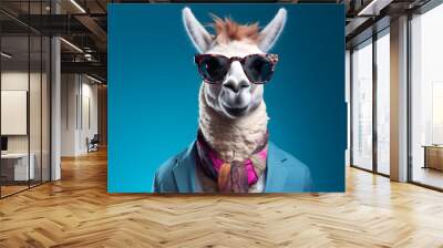 Cool looking llama wearing funky fashion dress - jacket, tie, sunglasses, plain colour background, stylish animal posing as supermodel Wall mural