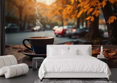 cup of coffee on cafe table street view with cars and fall autumn leaves Wall mural