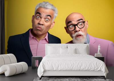 diverse studio portrait of two funny mature businessmen isolated on yellow background Wall mural