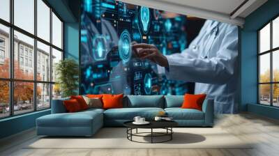 doctor using artificial intelligence on virtual screen for medical research - future medicine healthcare laboratory concept Wall mural