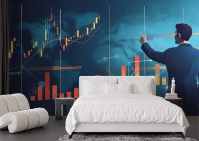 economy growth financial data concept and investment market profit, businessman pointing finger to growth success finance business chart and analysing sales data, stock market, strategy Wall mural