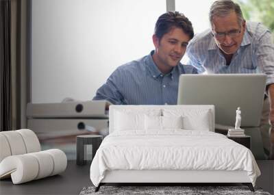 Older man and younger man working together at desk Wall mural