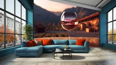 Elegant glass of white wine on wooden table reflection of wine farm Wall mural