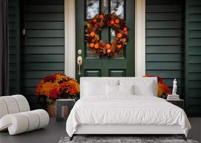 fall autumn wreath on green front door and autumn flower pot arrangementts on steps Wall mural