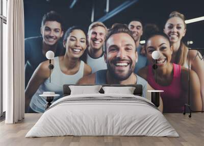 Fitness, laughing and friends at the gym for training, pilates class and happy for exercise at a club. Smile, sport in a group for a workout, cardio or yoga on a studio wall Wall mural