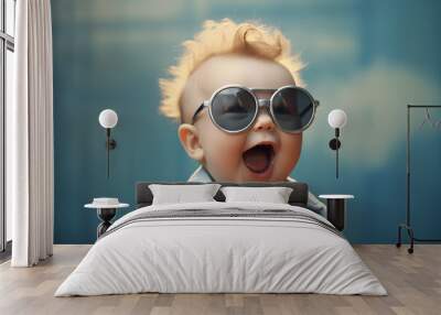 funny studio portrait of baby wearing sunglasses Wall mural