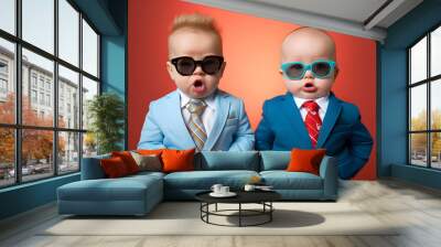 funny studio portrait of two babies wearing business suits isolated on red background Wall mural