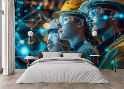 Futuristic technology concept: Team of engineers and professional Workers in heavy industry manufacturing factory that is digitalized with graphics into digital twin of industry Wall mural