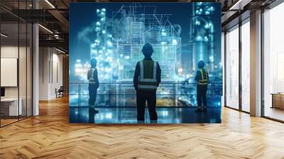 Futuristic technology concept: Team of engineers and professional Workers in heavy industry manufacturing factory that is digitalized with graphics into digital twin of industry Wall mural