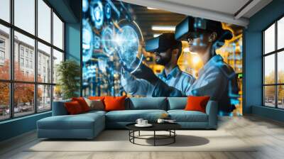 Futuristic technology concept: Team of engineers and professional Workers in heavy industry manufacturing factory that is digitalized with graphics into digital twin of industry Wall mural