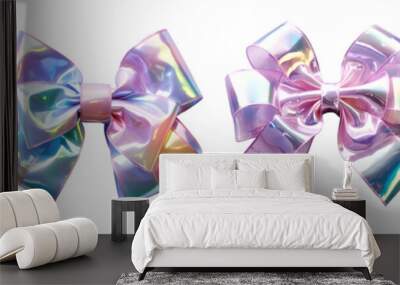 iridescent ribbon bow set isolated on transparent background - design element PNG cutout collection Wall mural