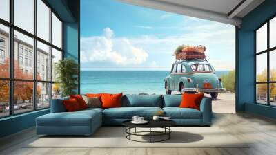 Old vintage car loaded with luggage on the roof arriving on beach with beautiful sea view. Summer travel concept background with copy space Wall mural