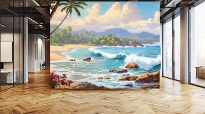 painting of the tropical beach landscape, a picturesque natural environment in harmonious colours Wall mural