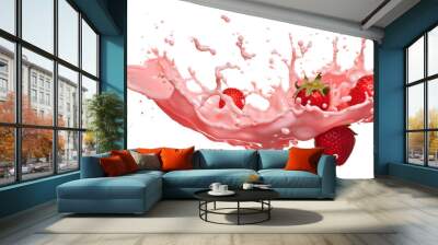 pink milk splash with strawberries isolated on transparent background - healthy, drink, lifestyle, diet design element PBG cutout Wall mural