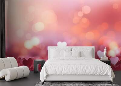 pink white and red wide background with bokeh lights and heart shape glitter on valentines with copy space. Abstract background holiday Wall mural