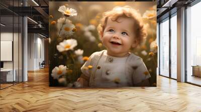 portrait of a baby in a meadow of flowers Wall mural