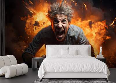 portrait of a furious raging angry gamer man with burning fire background Wall mural