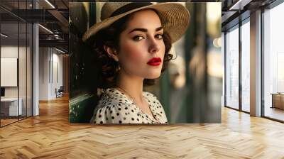 portrait of beautiful woman wearing 50s style fashion clothes Wall mural