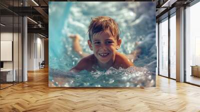 portrait of boy on waterslide at summer waterpark Wall mural