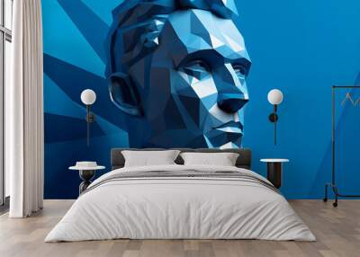 portrait of low poly geometric 3D faceted render of man against a blue background Wall mural