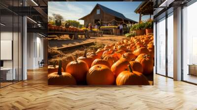 pumpkins on a pumpkin patch farm autumn fall festival with lights and people Wall mural