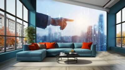 Businessman touching on digital graph and cityscape background, Wall mural