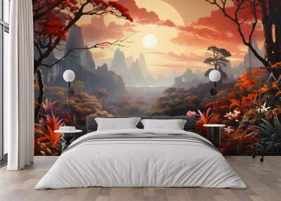 scenic painting of the jungle landscape, a picturesque natural environment in harmonious colours Wall mural